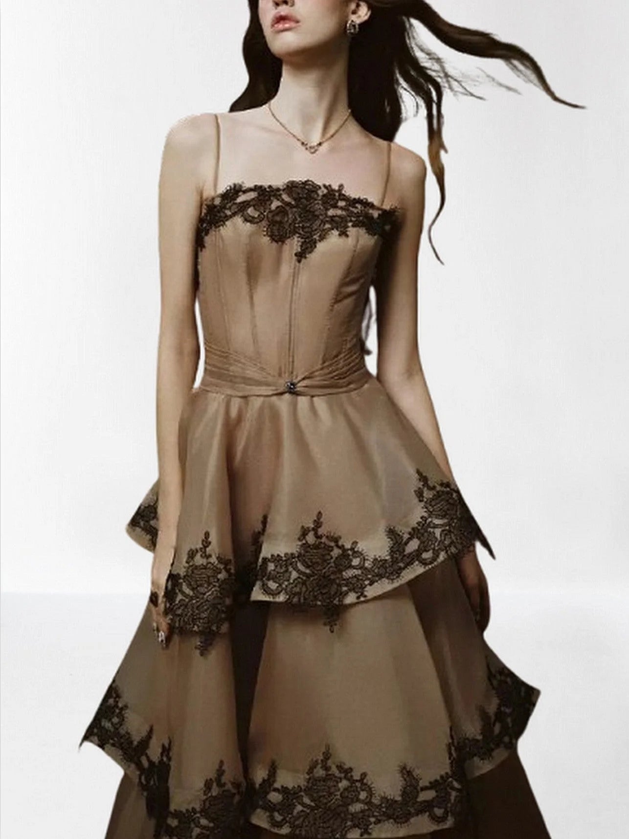 Lace Trim Tiered Sleeveless Organza Gown Dresses