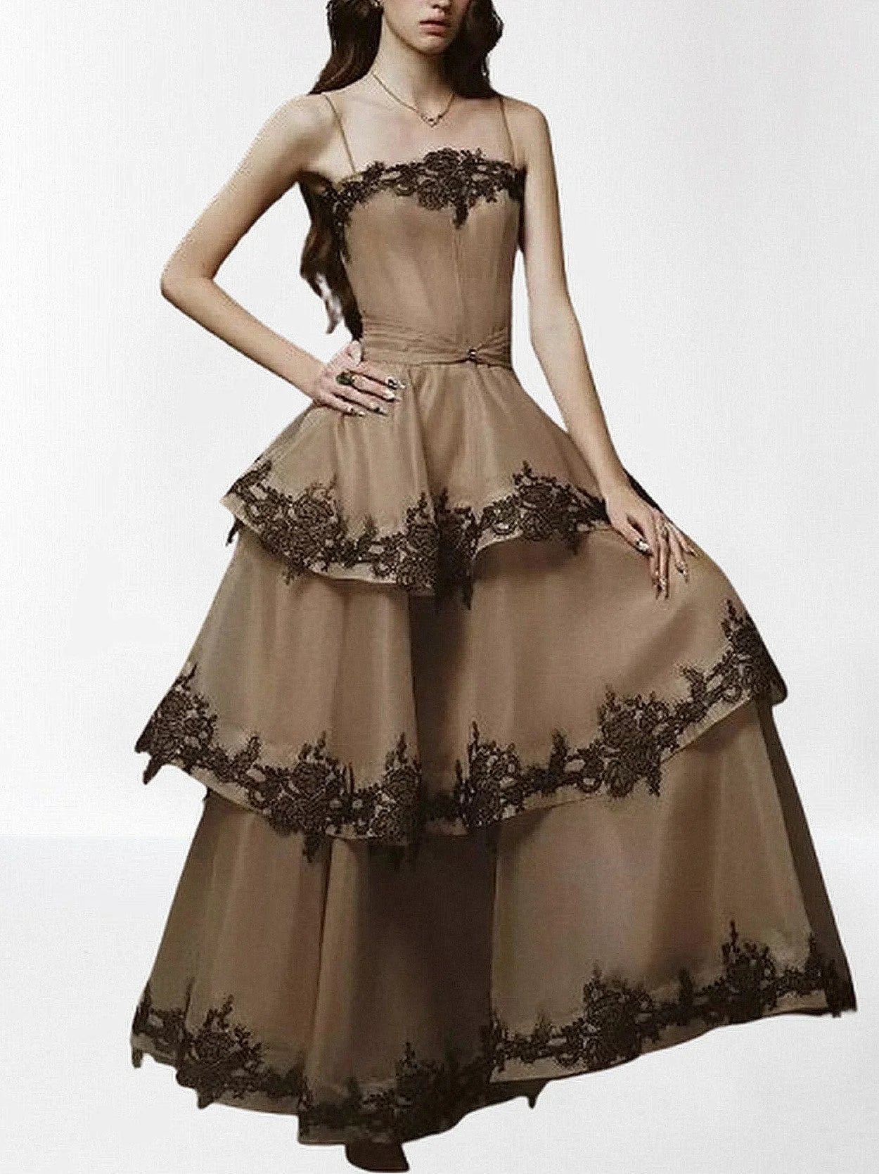 Lace Trim Tiered Sleeveless Organza Gown Dresses