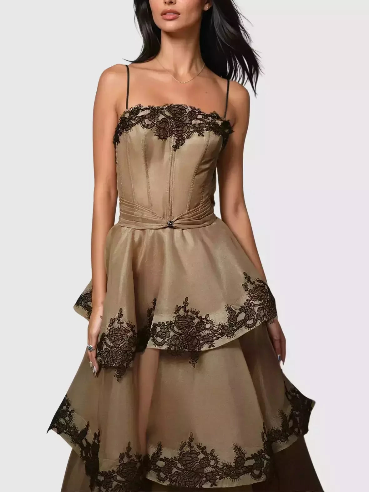 Lace Trim Tiered Sleeveless Organza Gown Dresses