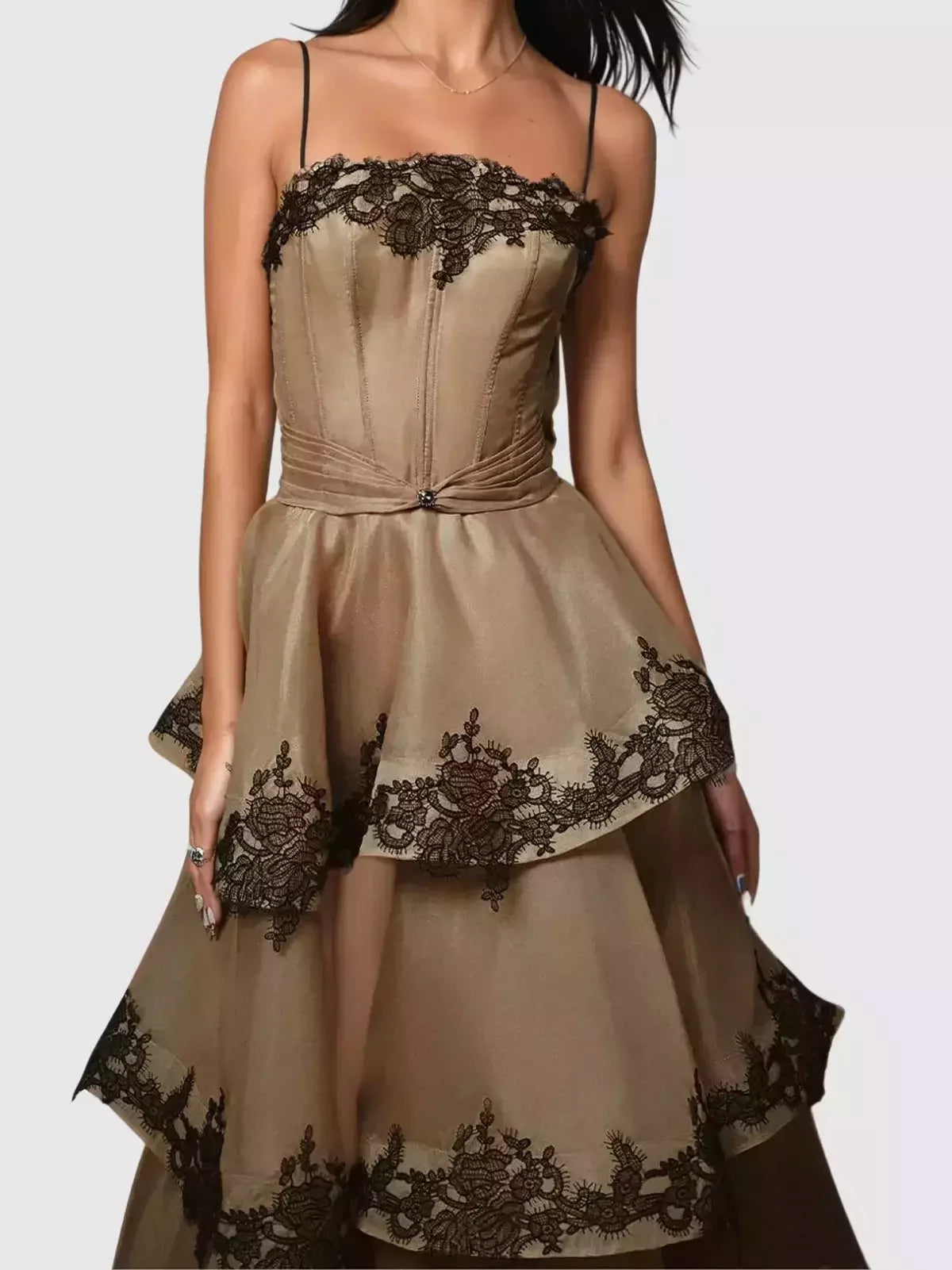 Lace Trim Tiered Sleeveless Organza Gown Dresses