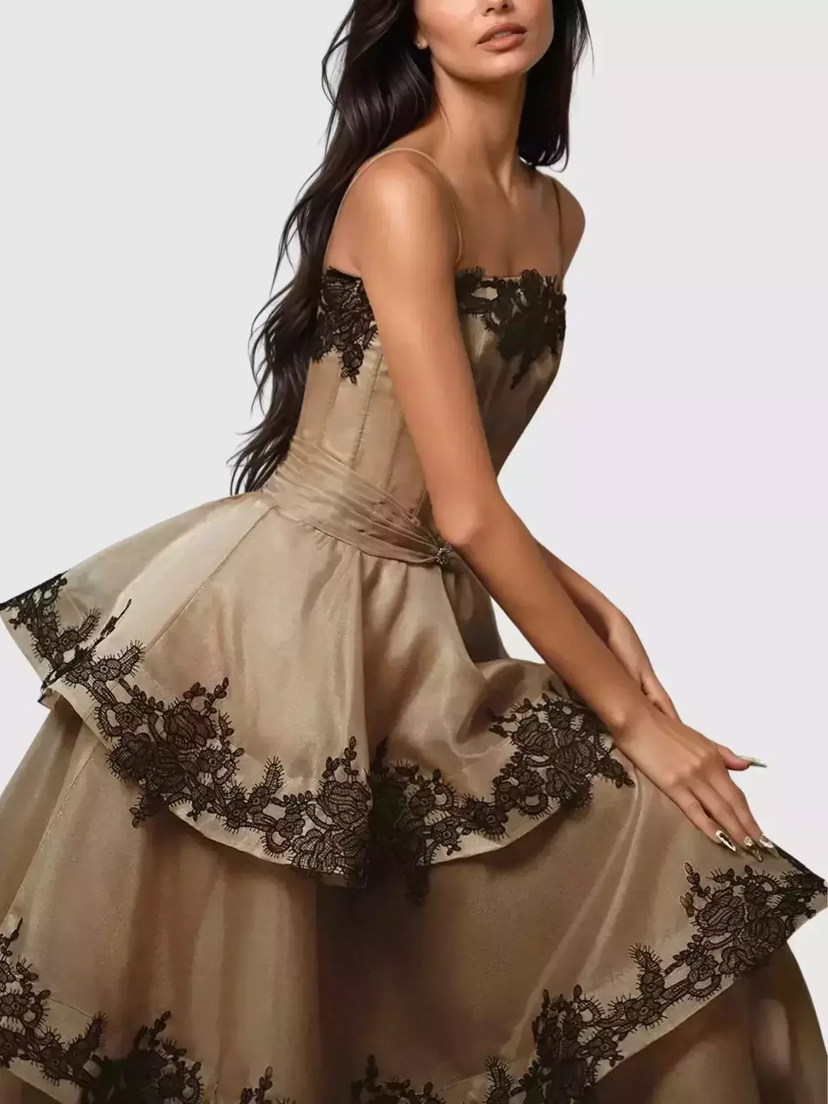 Lace Trim Tiered Sleeveless Organza Gown Dresses