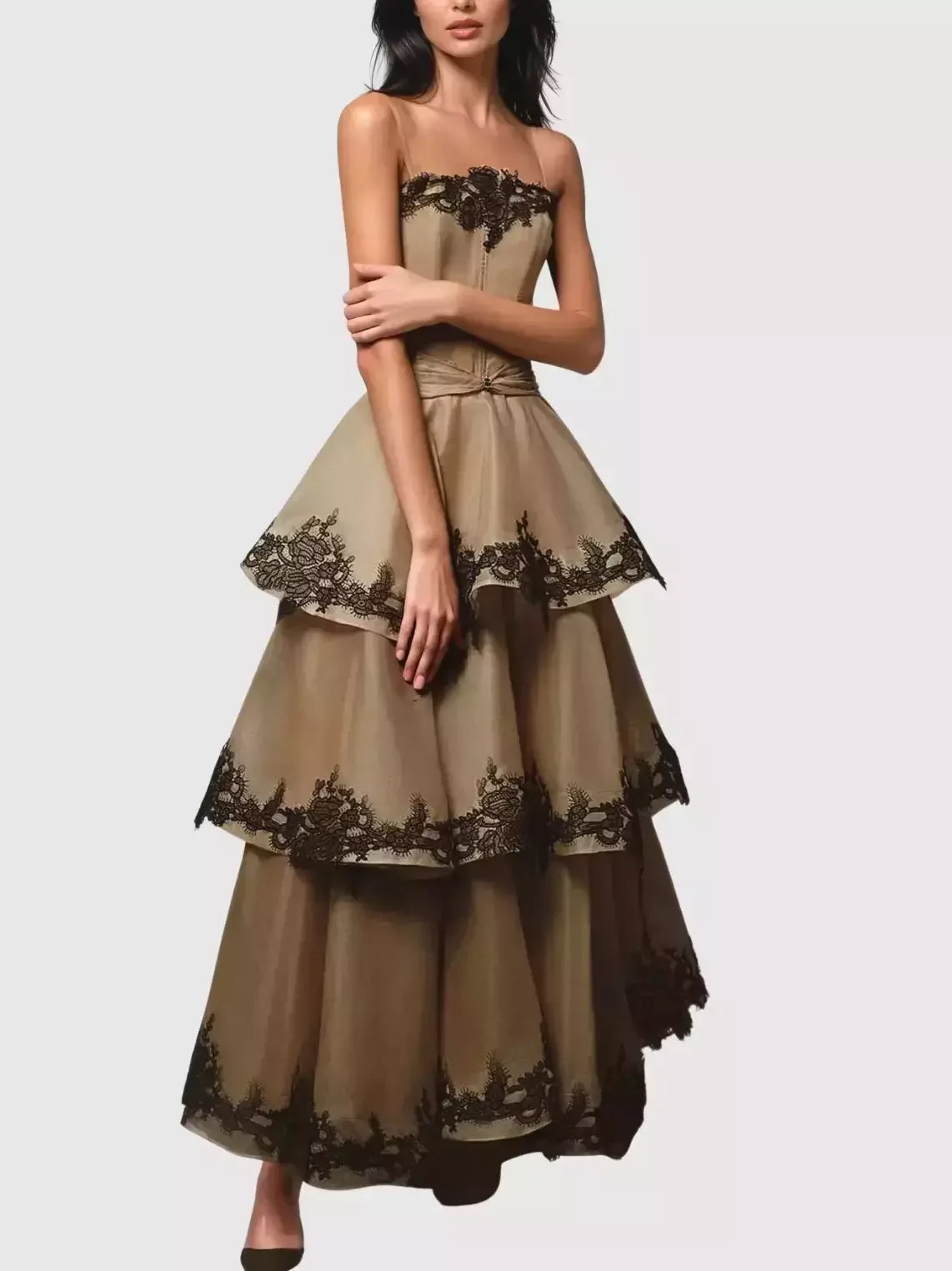 Lace Trim Tiered Sleeveless Organza Gown Dresses