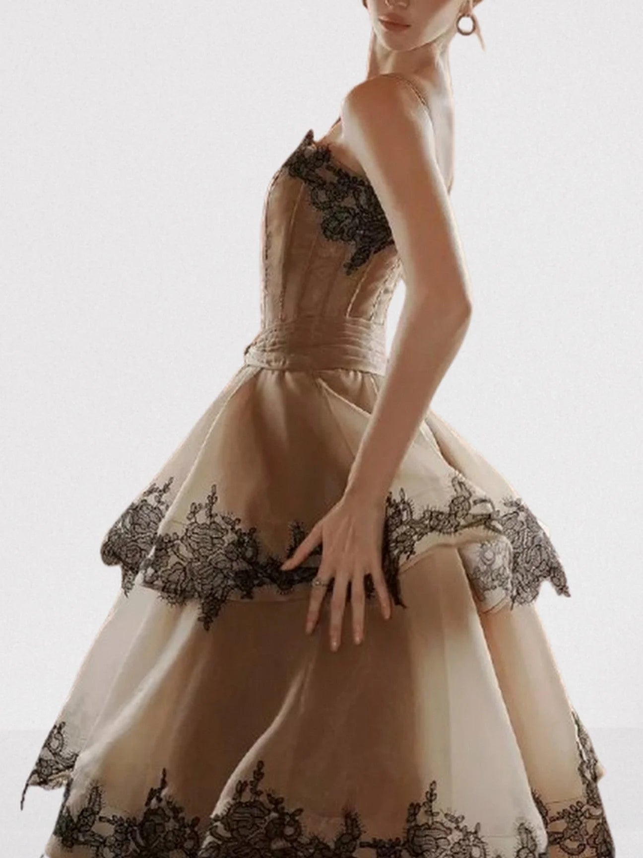 Lace Trim Tiered Sleeveless Organza Gown Dresses