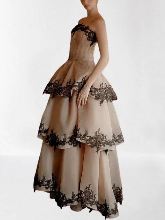 Lace Trim Tiered Sleeveless Organza Gown Dresses
