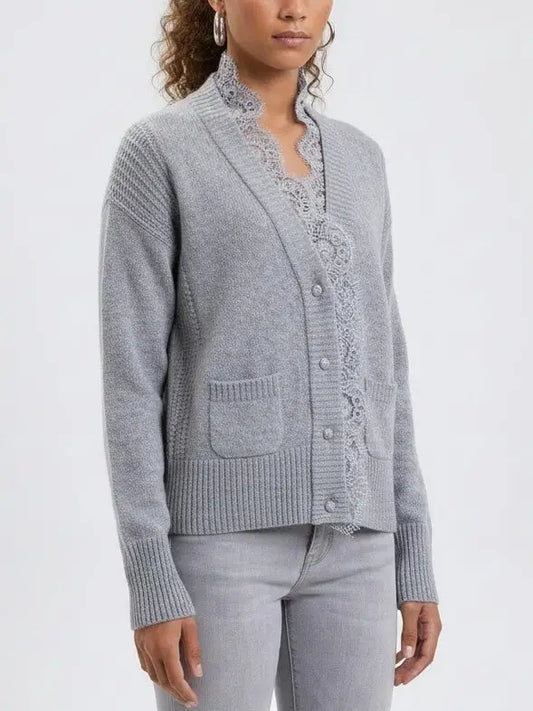 Lace-Trim Wool and Cashmere Blend Cardigan - Sweaters & Knitwear