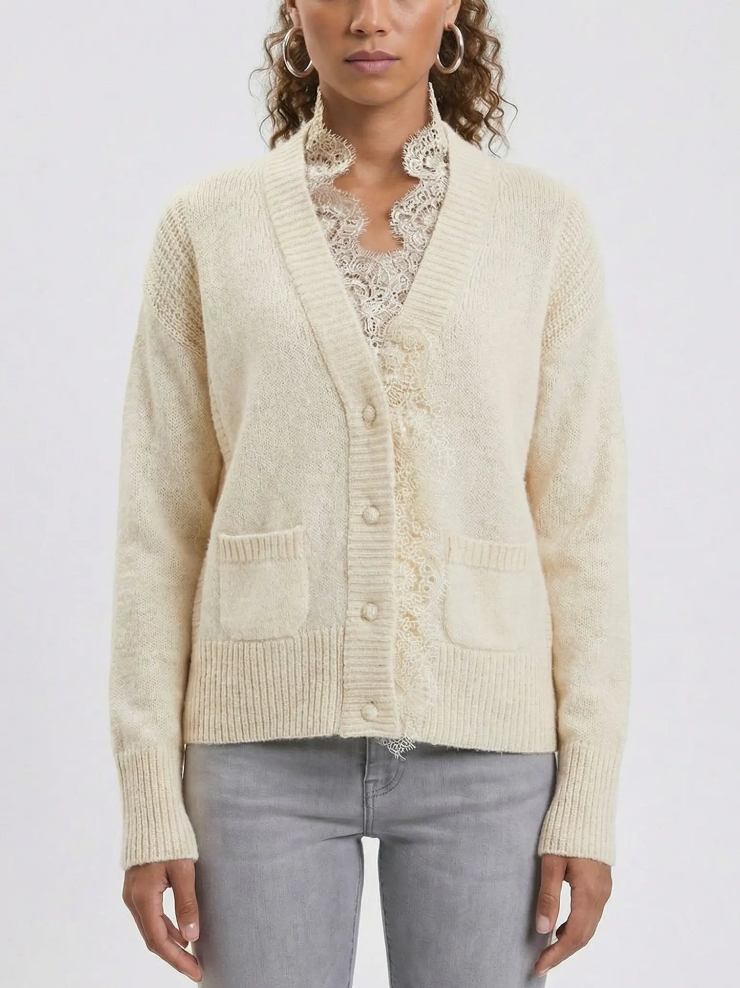 Lace-Trim Wool and Cashmere Blend Cardigan - Small / Cream - Sweaters & Knitwear
