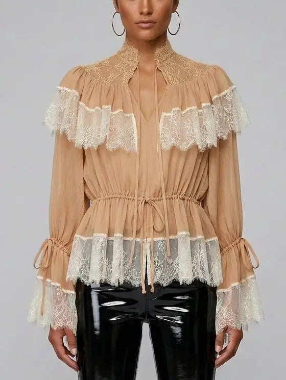 Lace-Trimmed Crepe Blouse with Tie Detail - Tops