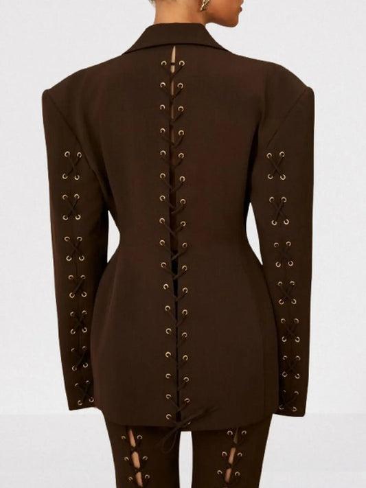 Lace-Up Boxy Jacket and Matching Pant Suit - Suits & Sets