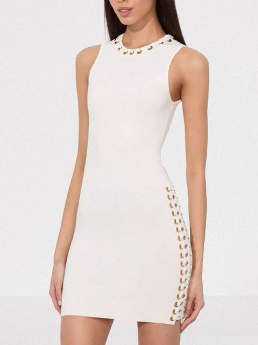Lace-Up Grommet Mini Dress in White - Dresses