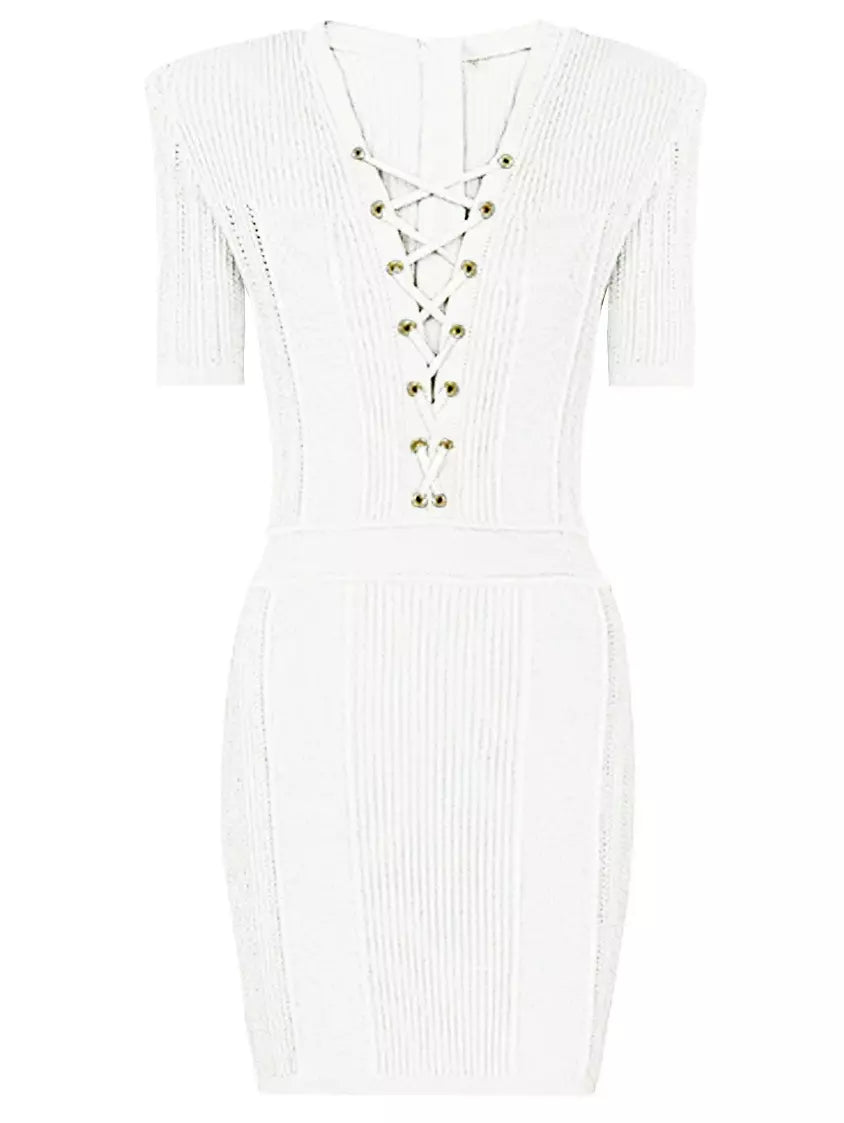 Lace-Up Ribbed Knit White Mini Dress