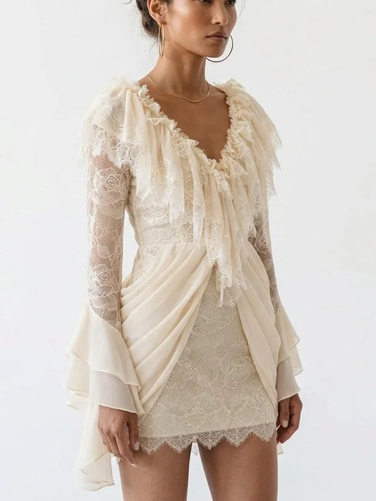 Lace Draped V-Neck Mini Dress in Cream - Dresses