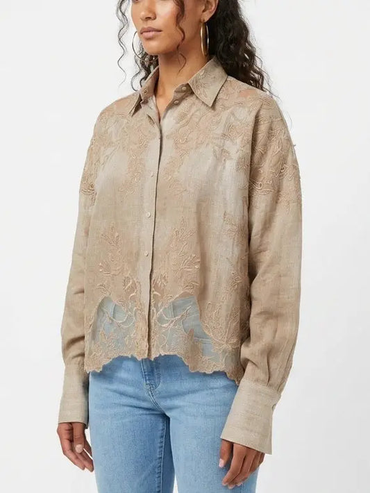 Lace Embroidered Boxy Silk Shirt - Tops