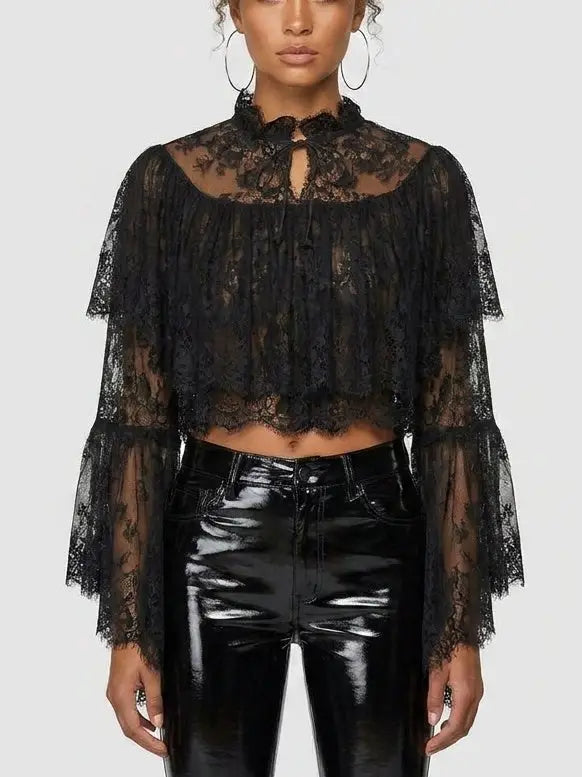 Lace Ruffle Bell-Sleeve Blouse - Small / Black - Tops