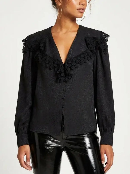 Lace Trim Sailor Collar Blouse - Tops