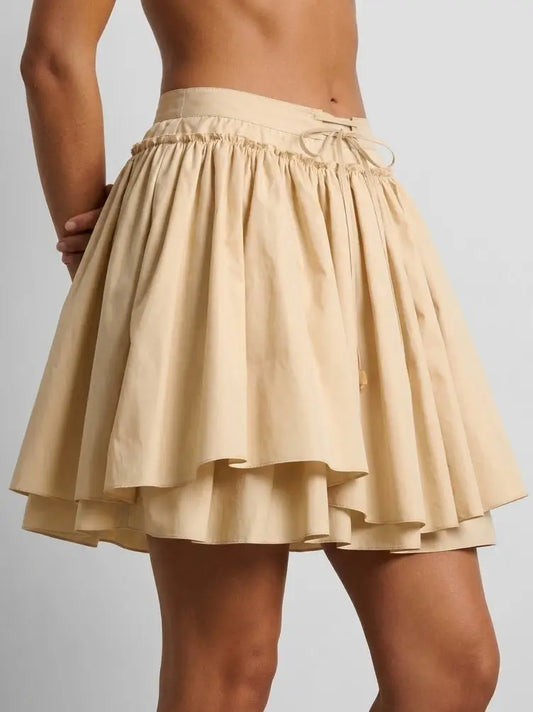 Layered Flared Cotton Mini Skirt with Tie Waist - Skirts