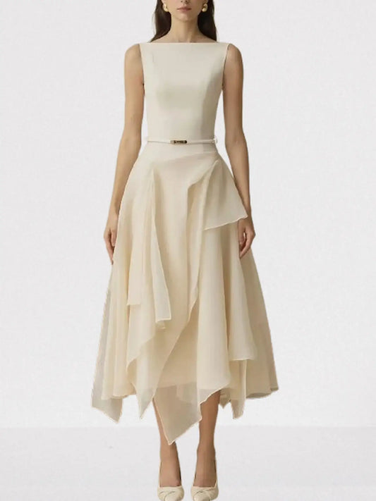 Layered Sleeveless Midi Dress with Detachable Cape - Dresses