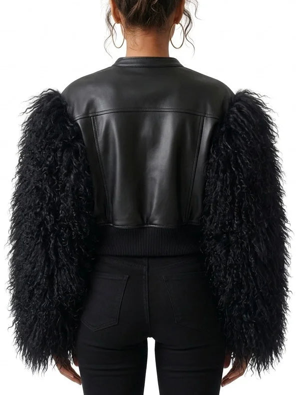 Leather Bomber Jacket with Mongolian Sheep Fur Sleeves - Jackets