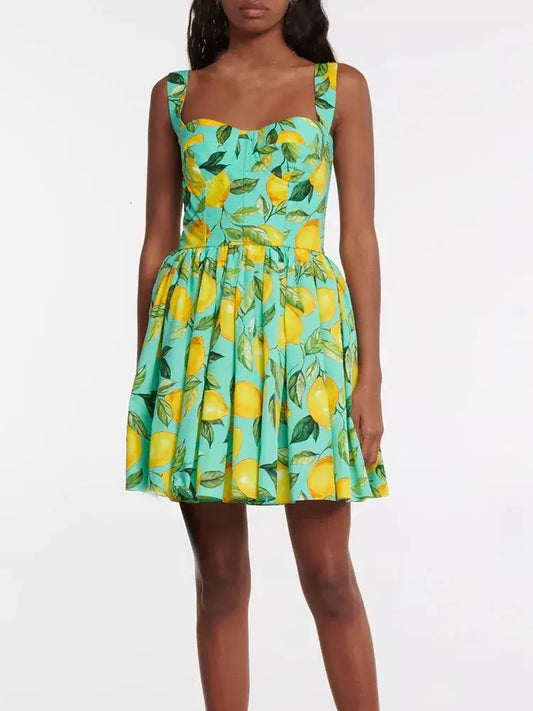 Lemon Printed Mini Dress, Green