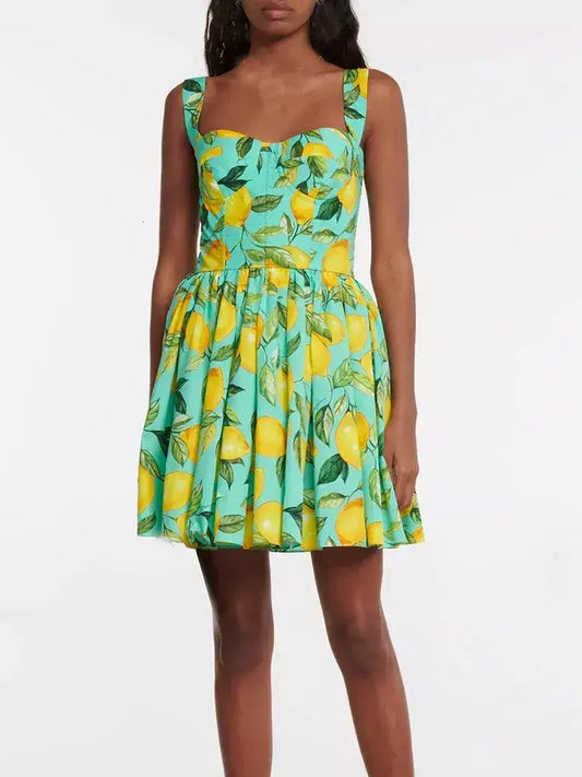 Lemon Printed Mini Dress Green - Dresses