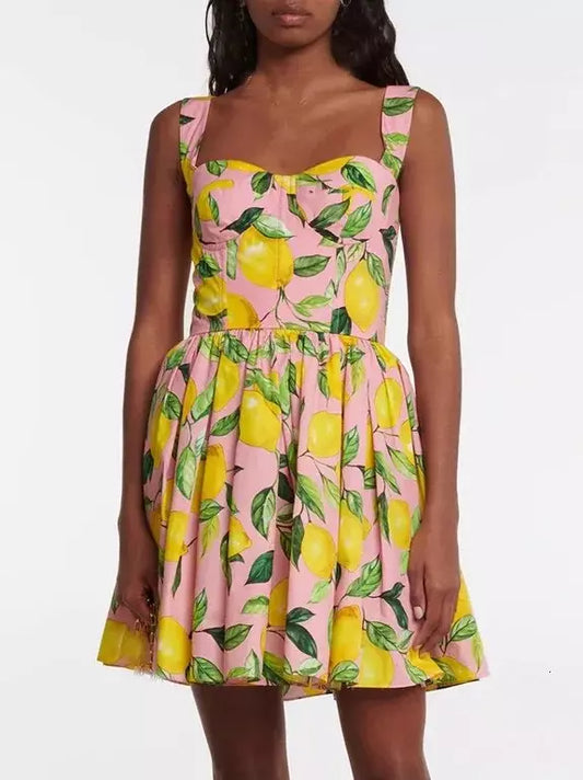 Lemon Printed Mini Dress, Pink