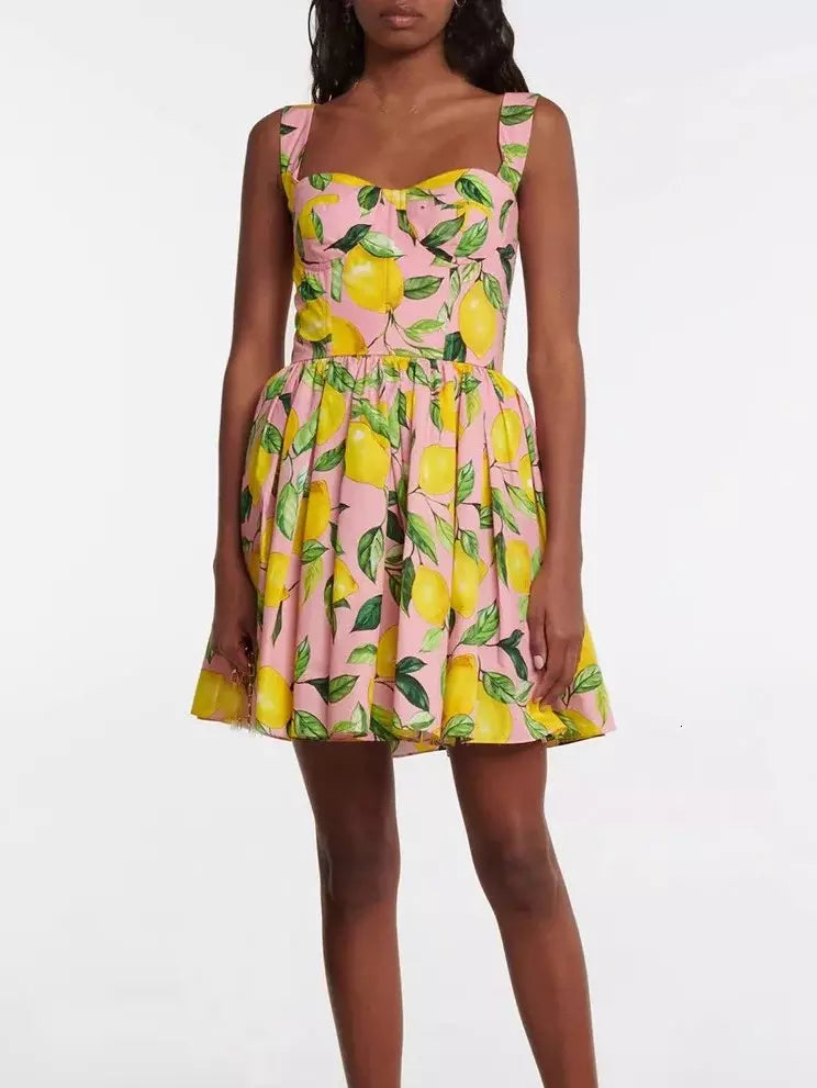 Lemon Printed Mini Dress, Pink