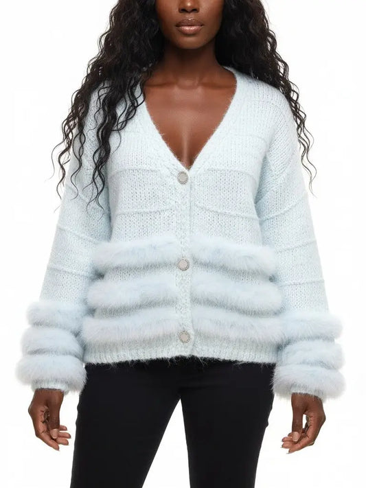 Light Blue Faux-Fur Trim Knit Cardigan - Sweaters & Knitwear