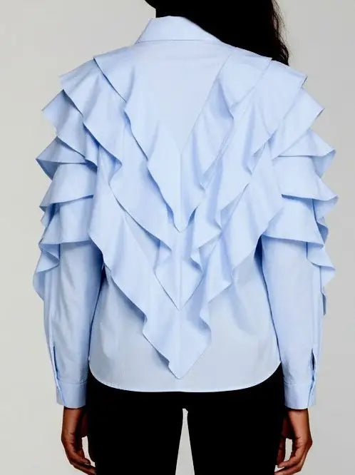 Light Blue Ruffled Cotton Button-Front Shirt - Tops