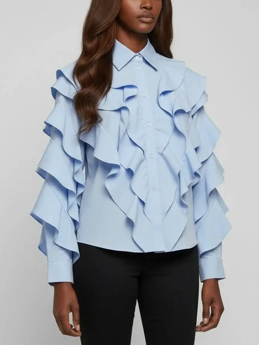 Light Blue Ruffled Cotton Button-Front Shirt - Tops