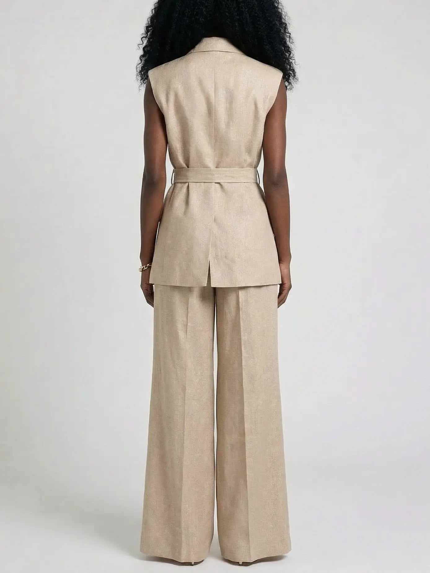 Linen Sleeveless Blazer and Wide-Leg Trouser Set - Suits & Sets