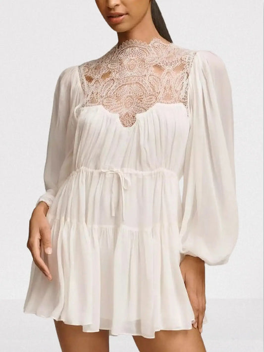 Long-Balloon-Sleeve Lace Detailed Mini Dress - Dresses
