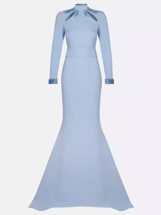 Long-Sleeve Fit and Flare Gown in Light Blue - Dresses