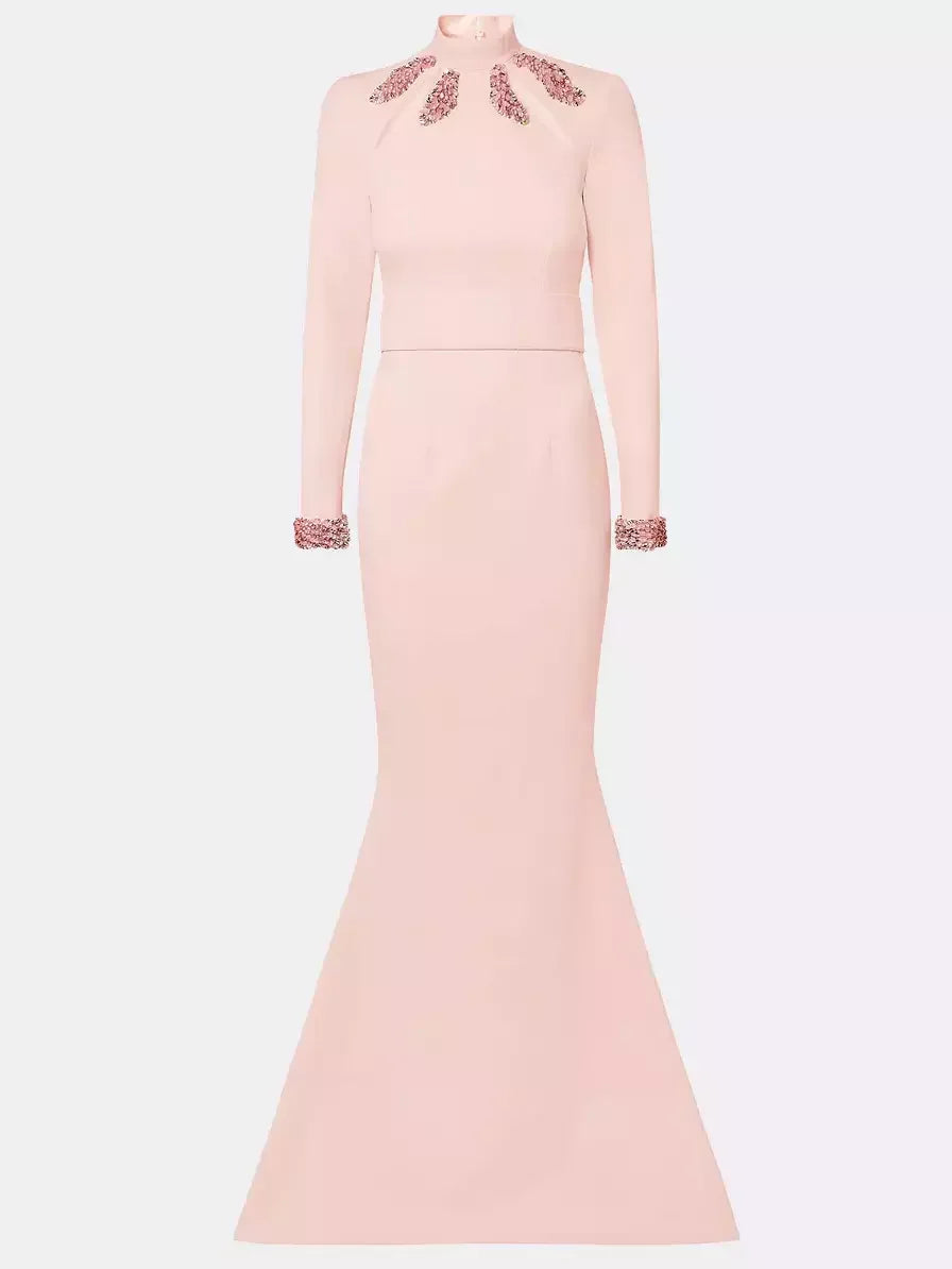 Long-Sleeve Fit and Flare Gown in Pink - Dresses