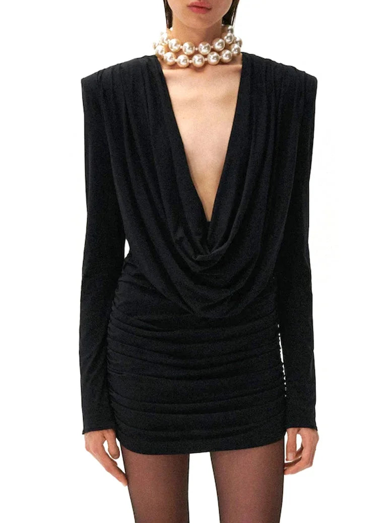 Long-Sleeve Ruched Draped Mini Dress - S / Black - Dresses