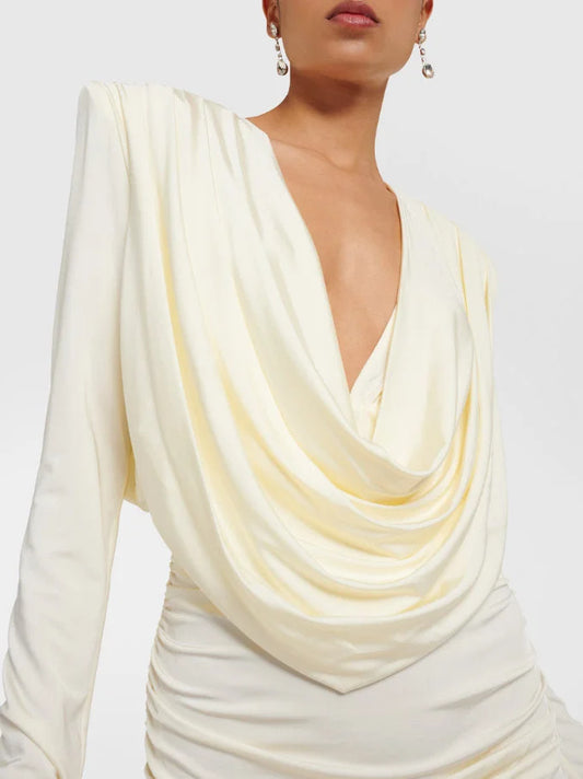 Long-Sleeve Ruched Draped Mini Dress - Dresses