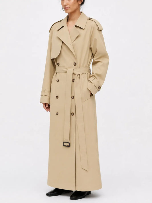 Long Beige Double Breasted Belted Trench Coat - Coats
