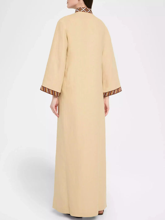 Long Beige Linen Kaftan Dress with Embroidery Dresses