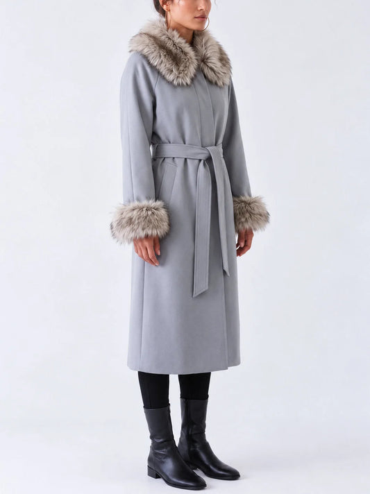 Long Belted Coat with Fur Collar and Cuffs - Coats