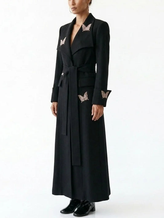 Long Black Butterfly Embellished Trench Coat - Coats