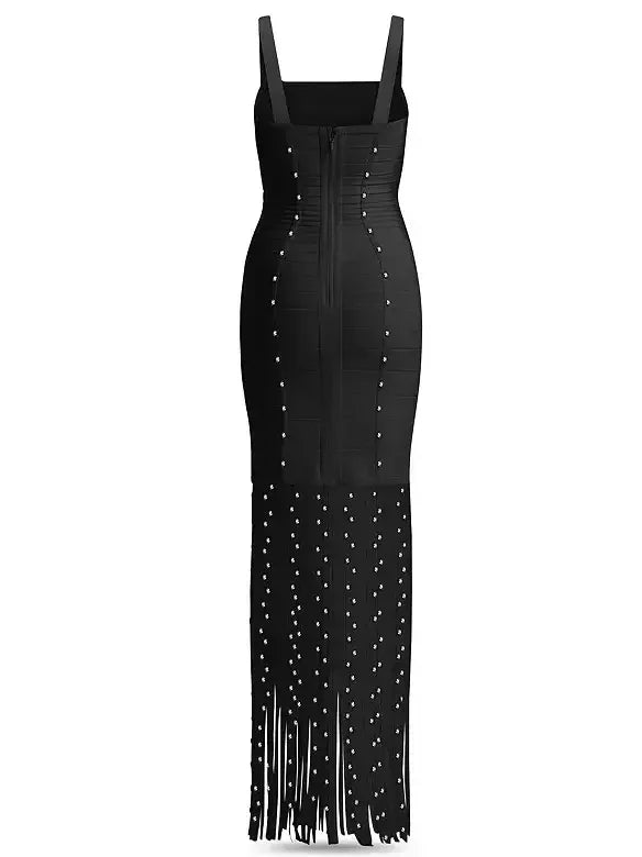 Long Black Crystal-Embellished Dress with Tassels - Dresses