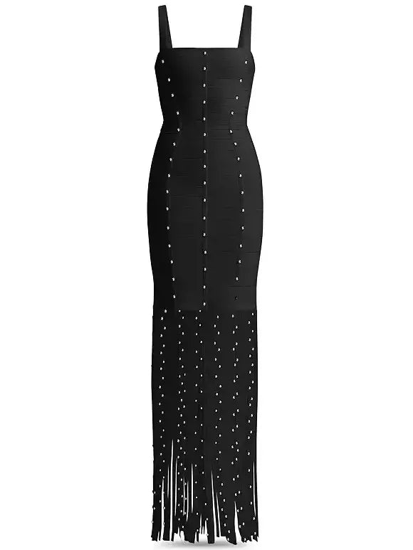 Long Black Crystal-Embellished Dress with Tassels - Dresses