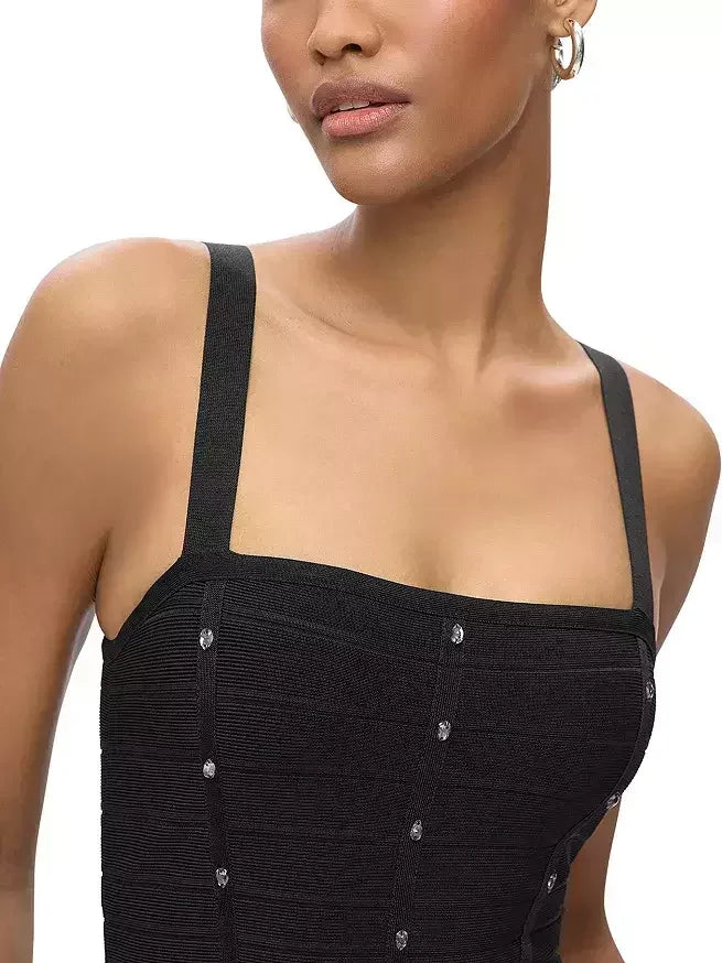 Long Black Crystal-Embellished Dress with Tassels - Dresses