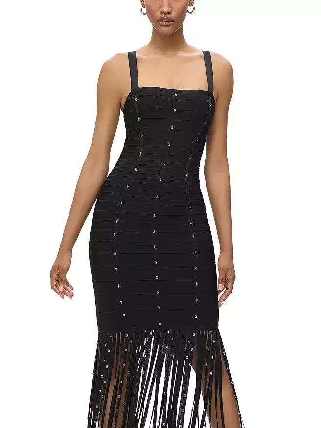 Long Black Crystal-Embellished Dress with Tassels - Dresses