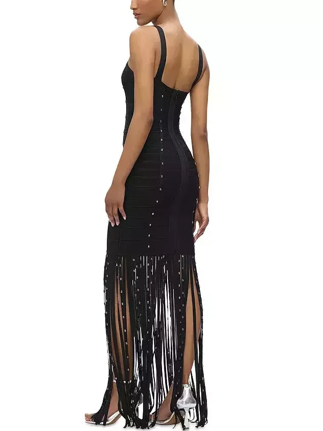 Long Black Crystal-Embellished Dress with Tassels - Dresses