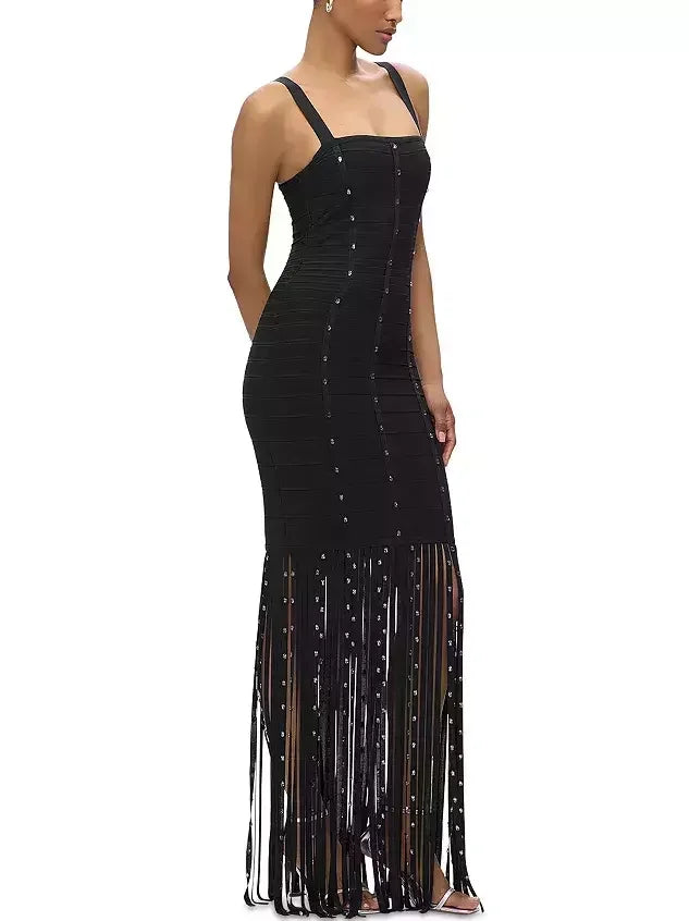 Long Black Crystal-Embellished Dress with Tassels - Dresses