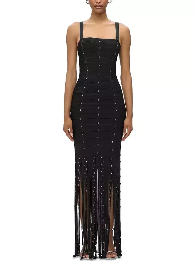 Long Black Crystal-Embellished Dress with Tassels - Dresses