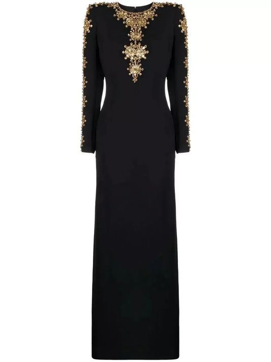 Long Black Gown with Beads and Rhinestones Dresses