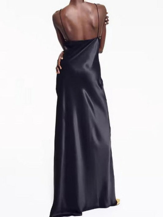 Long Black Satin Gown with Sculptured Bra Cups - Dresses