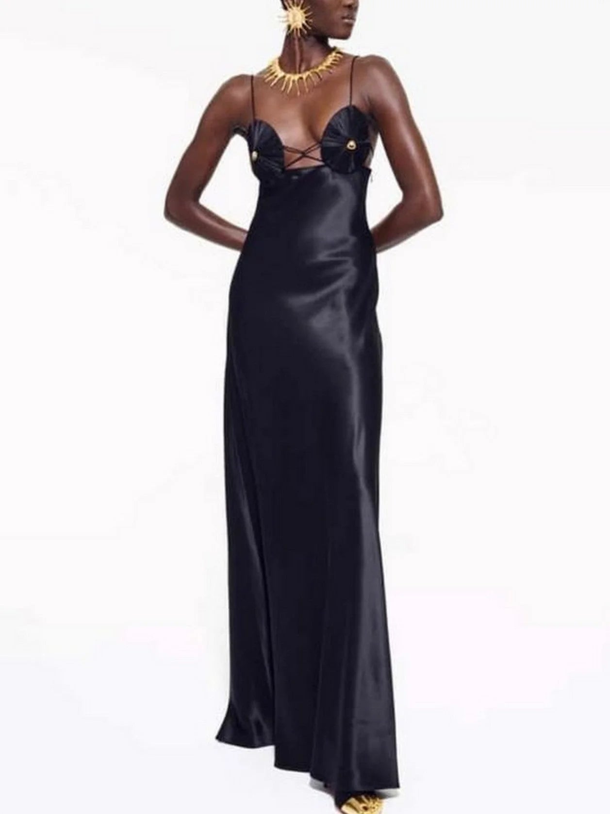 Long Black Satin Gown with Sculptured Bra Cups - Dresses