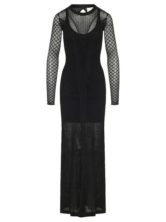 Long Black Sheer Knit Maxi Dress with Underslip - Dresses