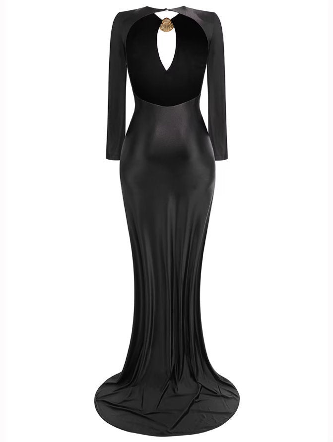 Long Black Stretch Jersey Gown with Gold Sea Shell Embellishment